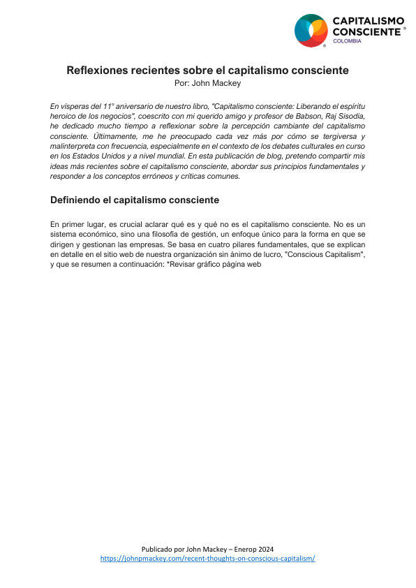 Portada: Reflexiones recientes sobre el capitalismo consciente